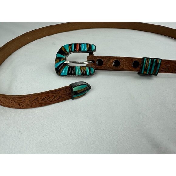 Vintage Rare Carlos Eagle Sterling Silver Inlay Buckle Belt Turquoise Coral Tige - Picture 6 of 9
